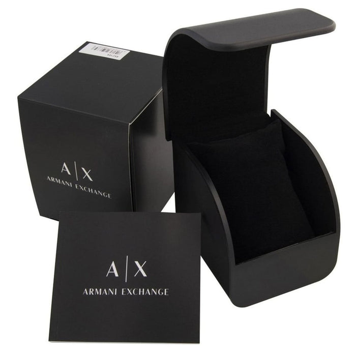 Armani Exchange AX1338 watch packaging with branded box, pillow, and care card