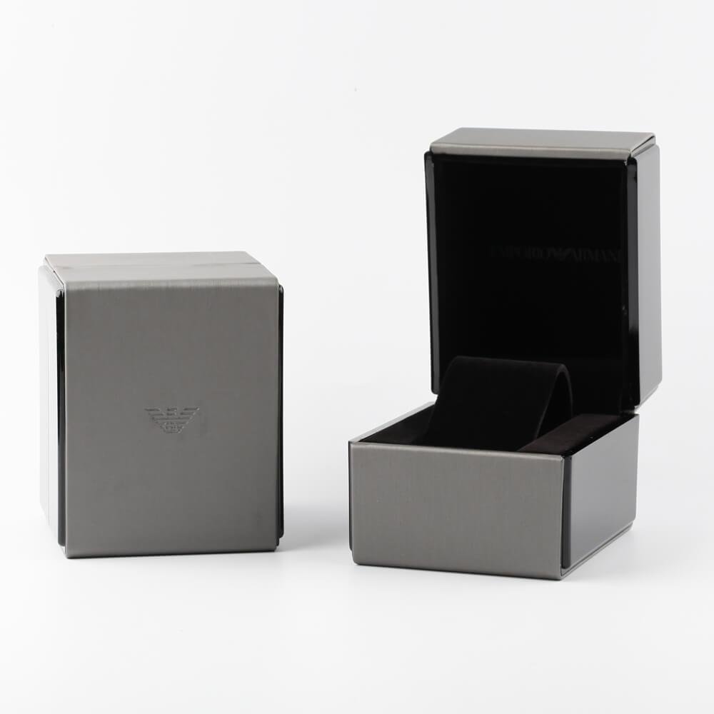 Emporio Armani AR60003 watch packaging with branded gray and black presentation box