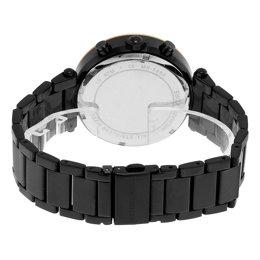 Back view of Parker watch displaying black bracelet and caseback with engravings