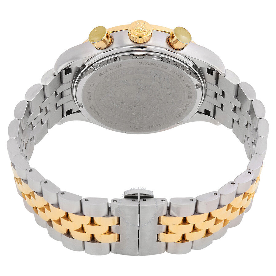 Caseback view of Versace chronograph watch showing stainless steel case back and two-tone bracelet clasp