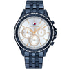Tommy Hilfiger Ari women's watch with silver dial, blue metal bracelet, and crystal bezel