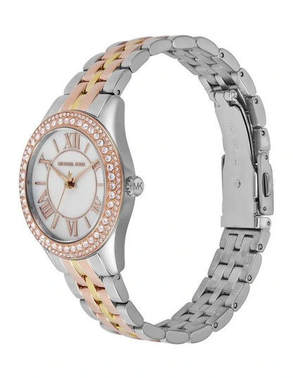 Michael Kors Harlowe Mini Harlowe Pave Tri-Tone Quartz Silver Dial Watch MK4846
