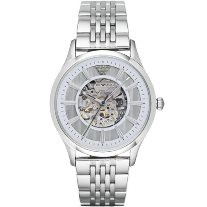 Emporio Armani Meccanico Skeleton Silver Dial Silver Steel Men's Watch AR1945