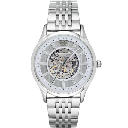 Emporio Armani Meccanico Skeleton Silver Dial Silver Steel Men's Watch AR1945