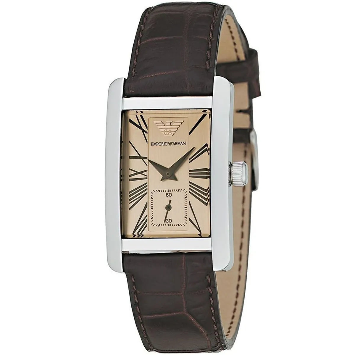 Emporio Armani Gianni AR0155 watch angled view showing beige dial and brown crocodile leather strap