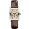 Emporio Armani Gianni AR0155 women's watch with rectangular stainless steel case, beige dial with Roman numerals, and dark brown leather strap