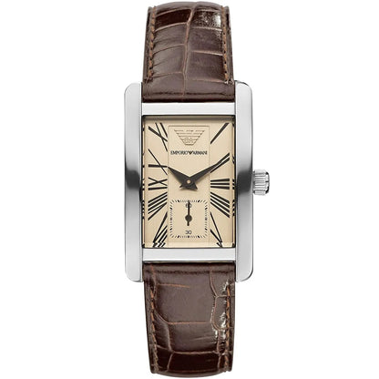 Emporio Armani Gianni AR0155 women's watch with rectangular stainless steel case, beige dial with Roman numerals, and dark brown leather strap