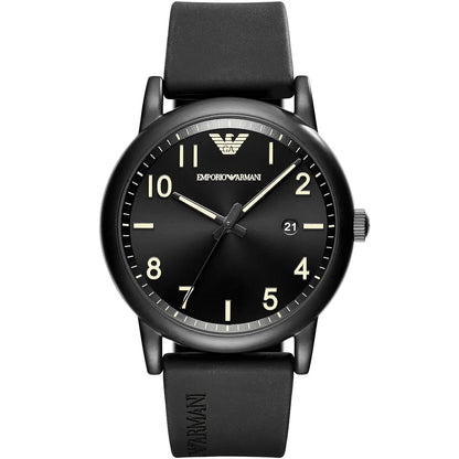 Emporio Armani Luigi Slim black matte dial watch with black rubber strap and gold hour markers