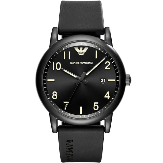 Emporio Armani Luigi Slim black matte dial watch with black rubber strap and gold hour markers