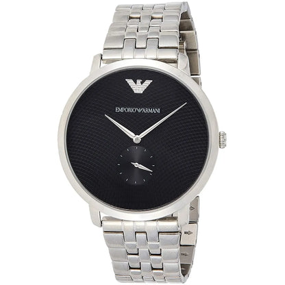 Emporio Armani AR11161 watch angle view showing black dial and silver metal bracelet detail