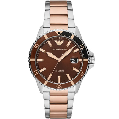 Emporio Armani Sea Explorer AR11340 two-tone watch with brown dial and rotating bezel