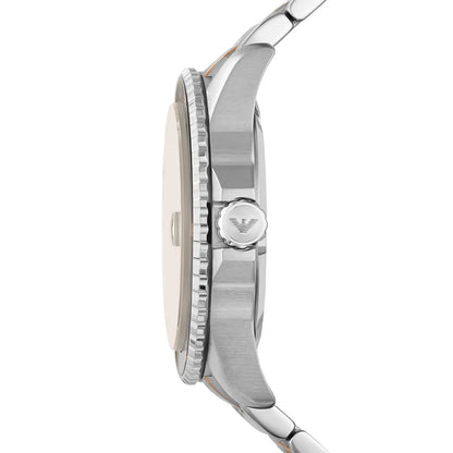Side profile of Emporio Armani AR11340 showing two-tone stainless steel case and strap