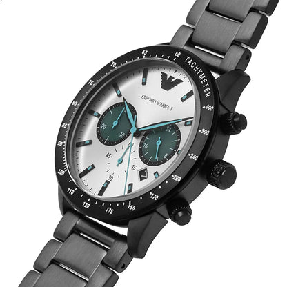 Angled view of Emporio Armani Mario chronograph with multicolor dial and tachymeter bezel