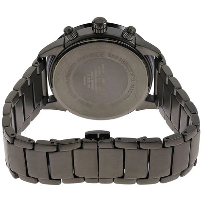Caseback view of Emporio Armani Mario chronograph with stainless steel bracelet visible