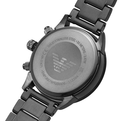 Gunmetal stainless steel caseback of Emporio Armani Mario chronograph watch with engraved logo