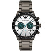 Emporio Armani Mario chronograph watch with white and gunmetal dial, teal subdials, and gunmetal metal bracelet