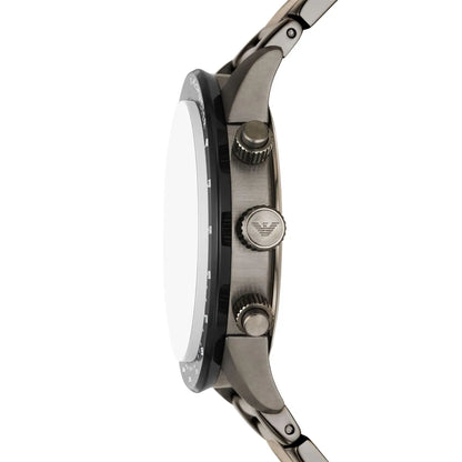 Side profile of Emporio Armani Mario chronograph showing case thickness and chronograph pushers