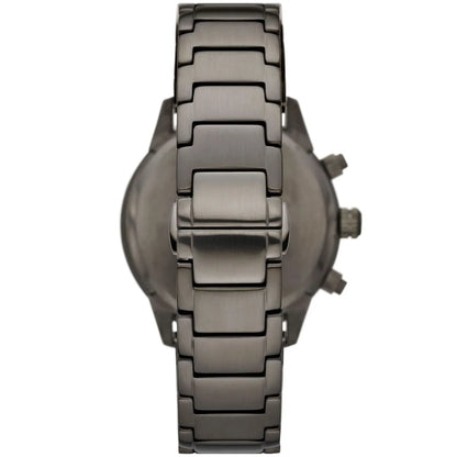 Gunmetal stainless steel link bracelet of Emporio Armani Mario chronograph watch from above