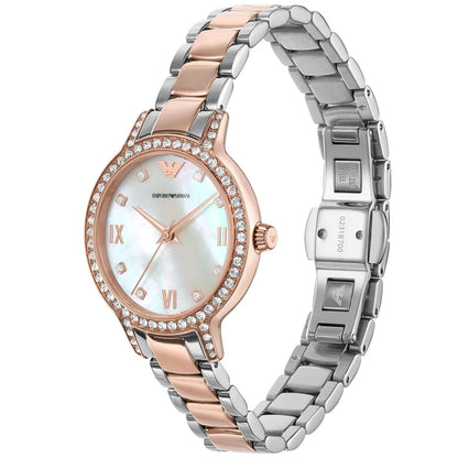 Emporio Armani Cleo watch side view showing two-tone silver and rose gold bracelet strap