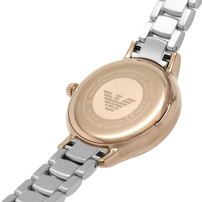 Emporio Armani Cleo case back showing rose gold case and eagle logo engraving