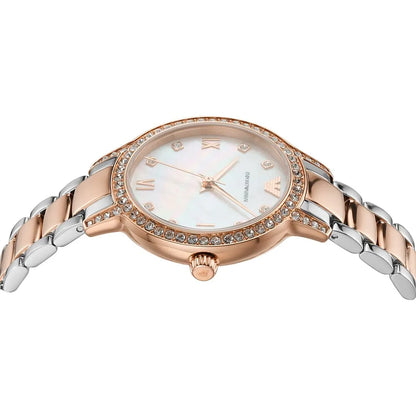 Emporio Armani Cleo dial detail with white mother-of-pearl, crystal markers, and rose gold hands
