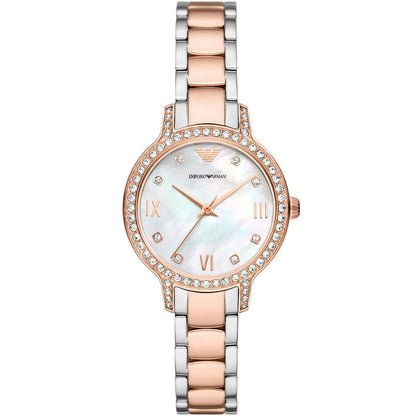 Emporio Armani Cleo women's watch with white mother-of-pearl dial and crystal-set bezel