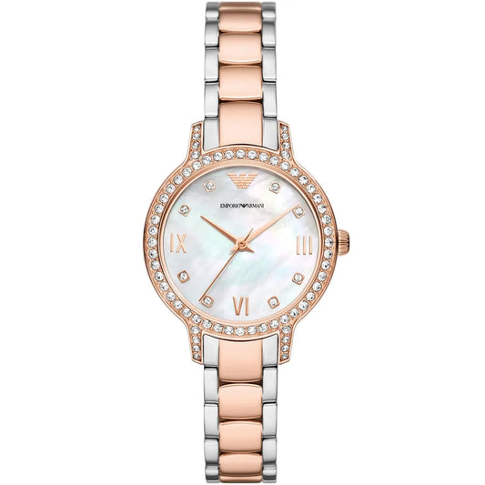 Emporio Armani Cleo women's watch with white mother-of-pearl dial and crystal-set bezel