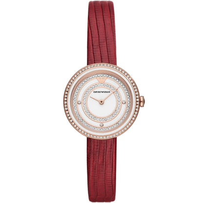 Emporio Armani Rosa watch front view with white dial, crystal-set bezel, rose gold case and red leather strap
