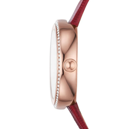 Emporio Armani Rosa watch side profile showing crystal-bezel rose gold case depth and red leather strap