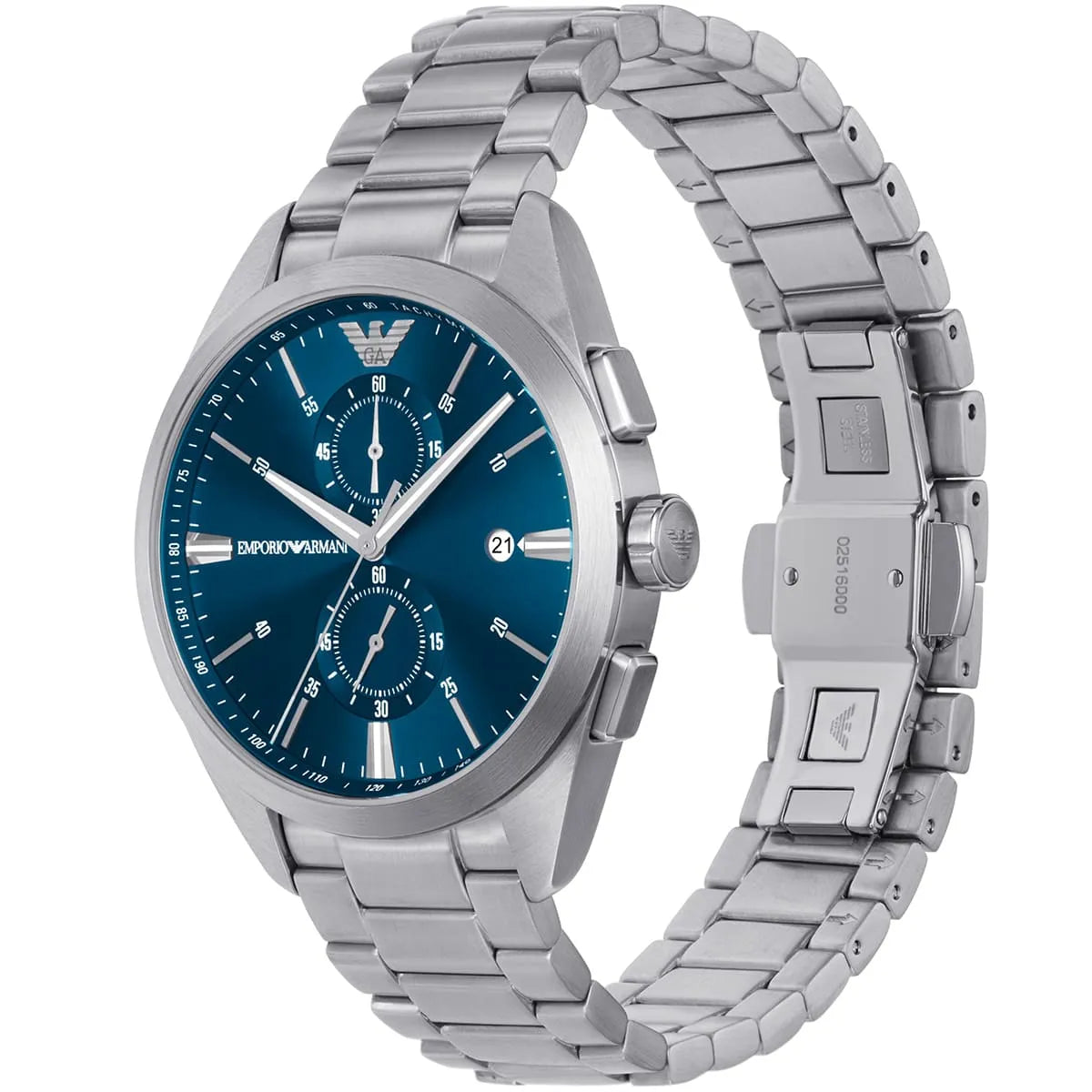 Emporio Armani Claudio watch at three-quarter angle displaying blue dial and silver metal strap