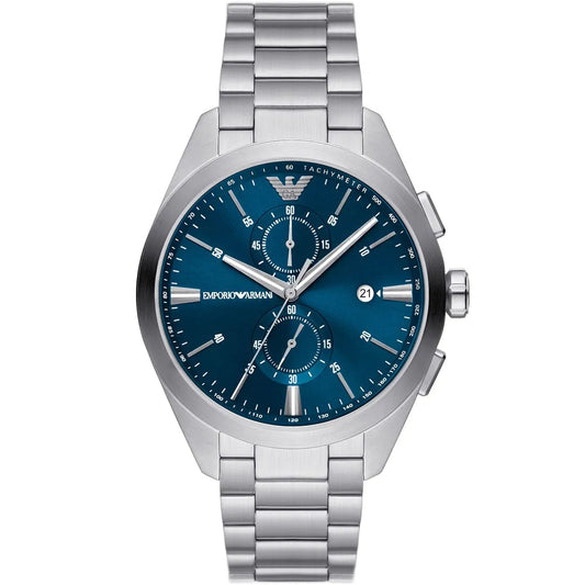 Emporio Armani Claudio chronograph watch with blue dial and silver stainless steel bracelet