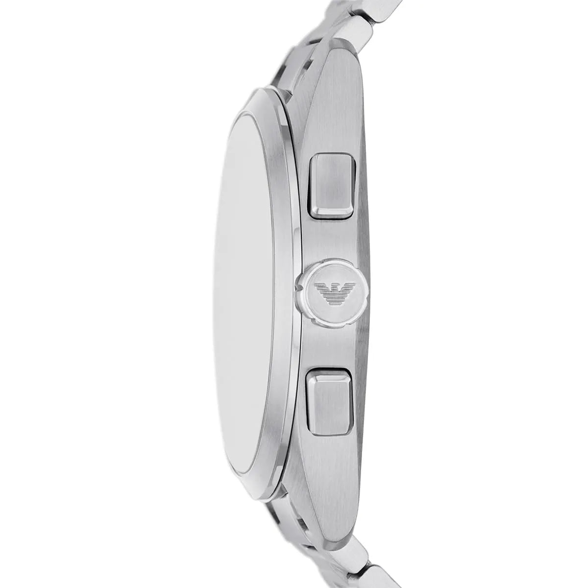 Emporio Armani Claudio watch side view of chronograph pushers and silver metal bracelet