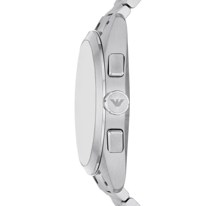 Emporio Armani Claudio watch side view of chronograph pushers and silver metal bracelet