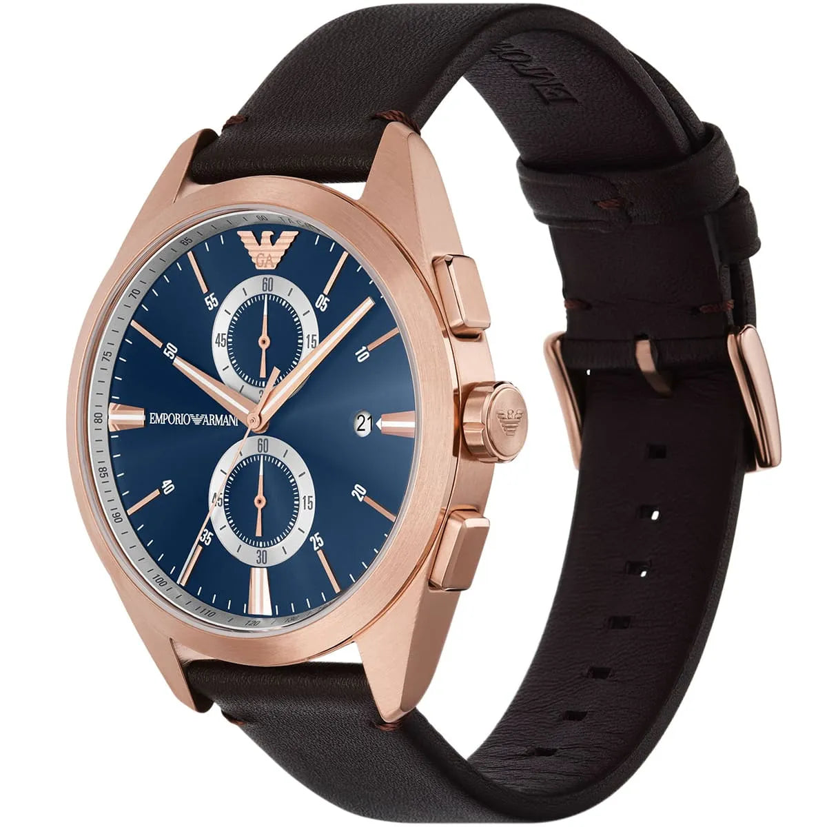 Side angle view of Emporio Armani Claudio watch showing dark brown leather strap and chronograph subdials
