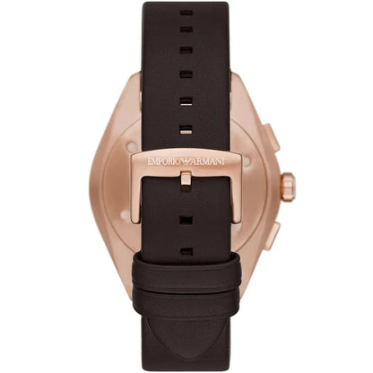 Caseback view of Emporio Armani Claudio watch showing stainless steel with eagle logo and dark brown strap
