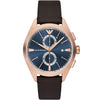 Emporio Armani Claudio chronograph watch with rose gold case, blue dial, and dark brown leather strap
