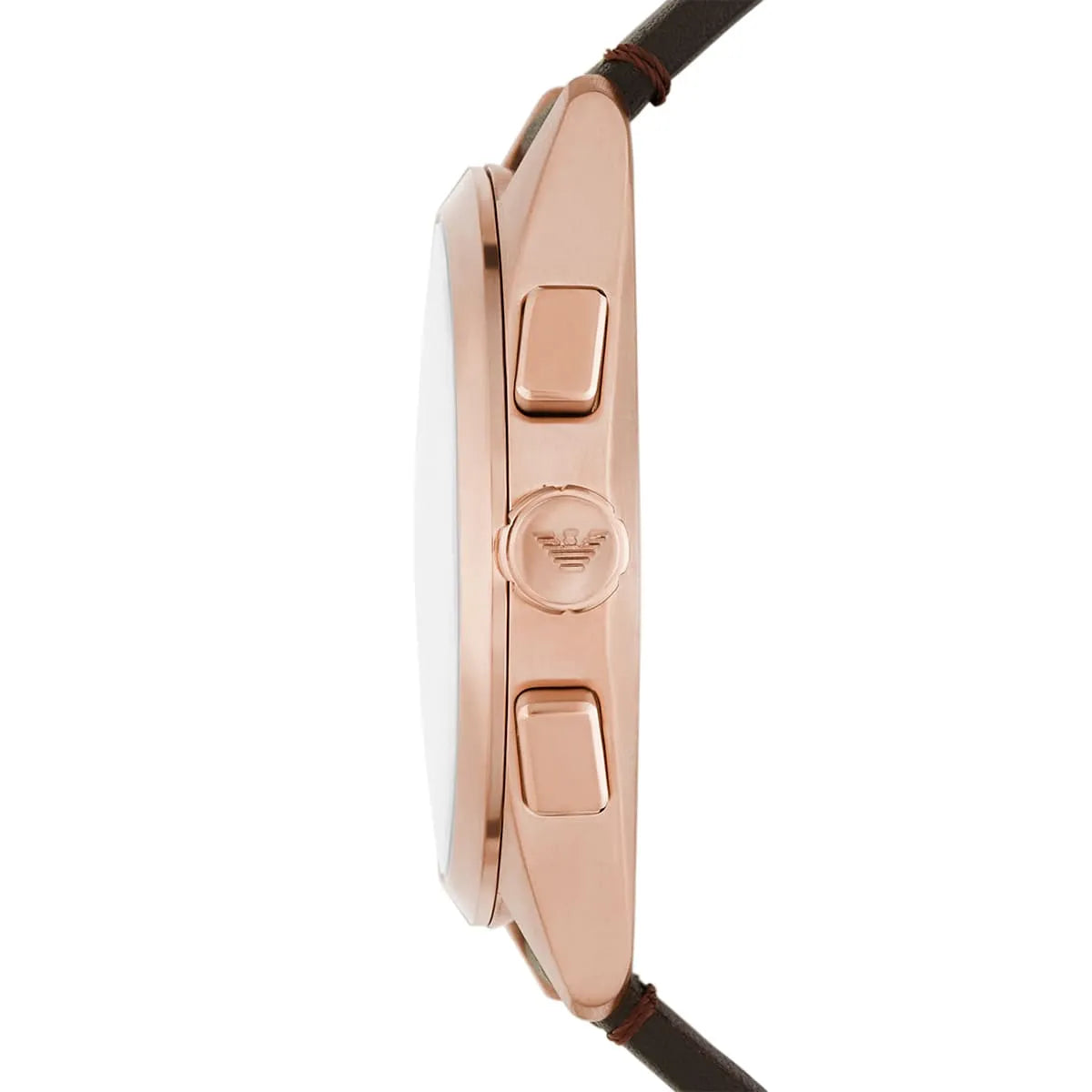 Side profile of Emporio Armani Claudio chronograph watch with rose gold case and chronograph pushers