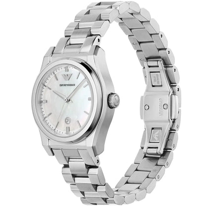 Three-quarter view of Emporio Armani Federica watch showing white MOP dial and link bracelet