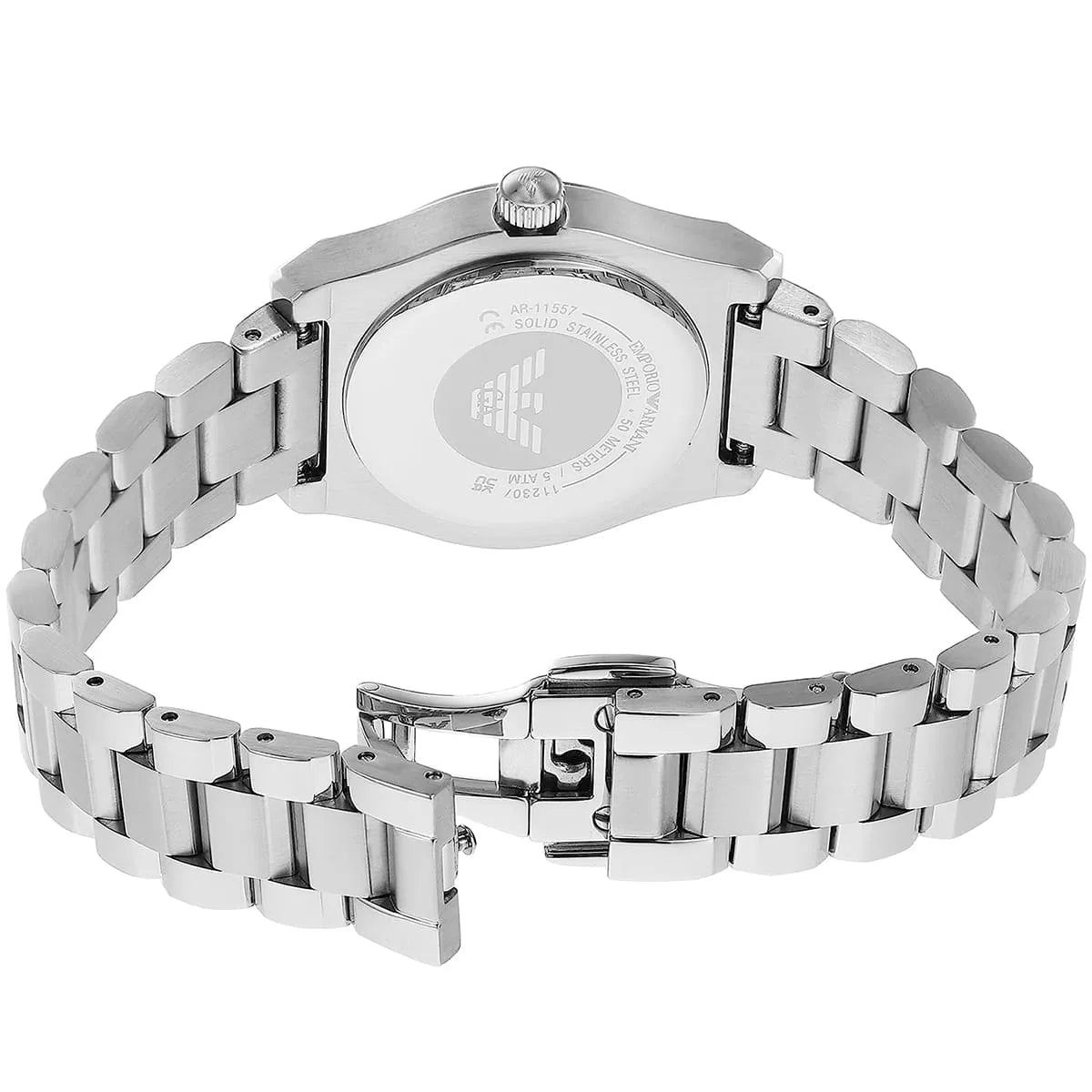 Caseback of Emporio Armani Federica watch with stainless steel link bracelet