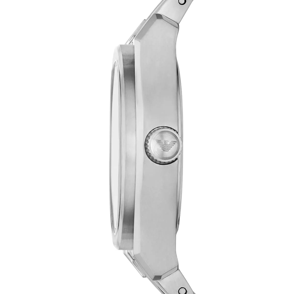 Side view of Emporio Armani Federica watch showing silver case profile and crown