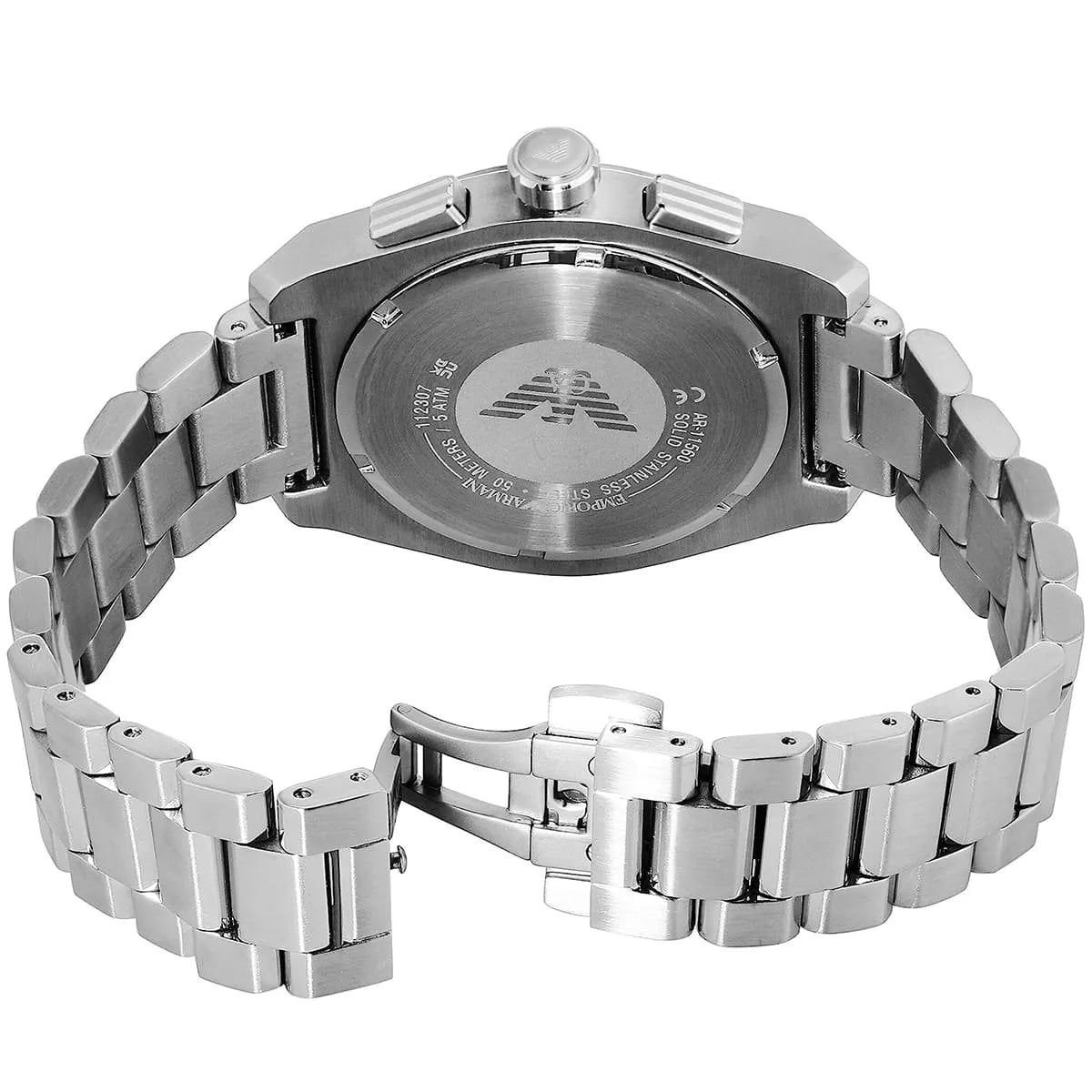 Caseback of Emporio Armani Federico chronograph with Emporio Armani logo and specifications