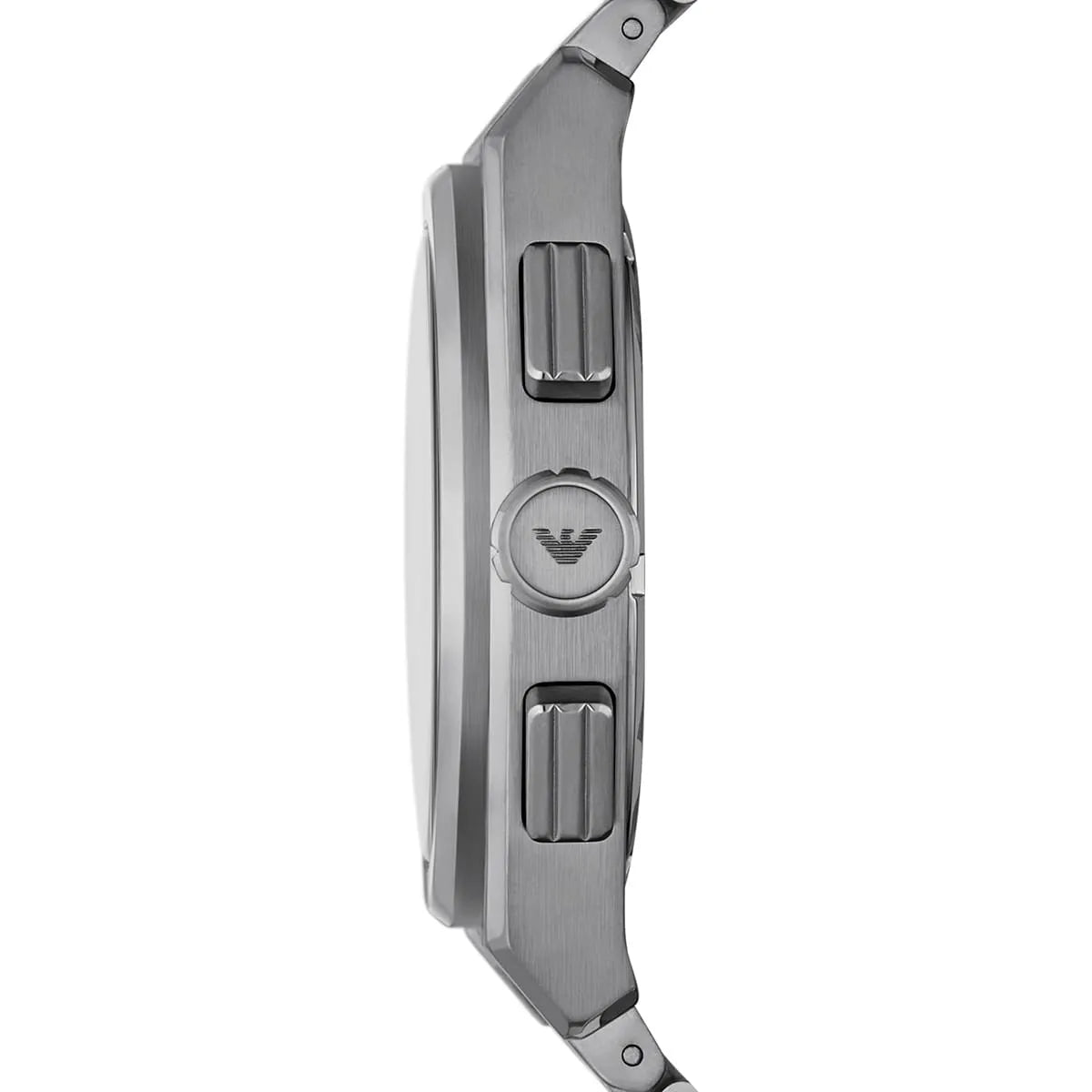 Side profile of Emporio Armani Federico chronograph watch showing case and pushers