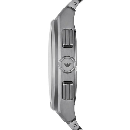 Side profile of Emporio Armani Federico chronograph watch showing case and pushers