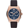 Emporio Armani Federico chronograph watch with blue dial, rose gold case and dark brown leather strap