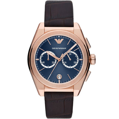 Emporio Armani Federico chronograph watch with blue dial, rose gold case and dark brown leather strap