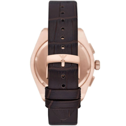 Back view of Emporio Armani Federico watch showing brown leather strap with stitching detail