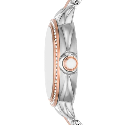 Emporio Armani Mia watch angle view with crystal-set bezel and rose gold crown