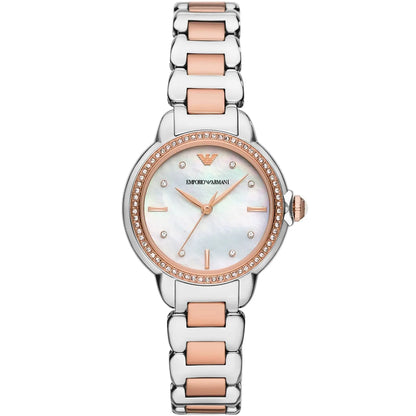 Emporio Armani Mia white MOP dial watch with two-tone silver and rose gold bracelet
