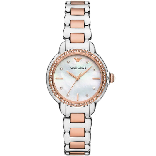 Emporio Armani Mia white MOP dial watch with two-tone silver and rose gold bracelet