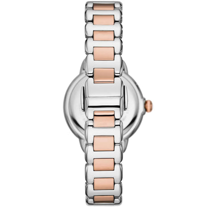 Emporio Armani Mia watch side view showing two-tone silver and rose gold bracelet